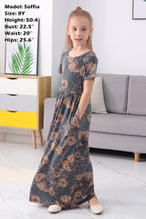 Girl'S Short Sleeve Floral Print Loose Casual Holiday Long Maxi Dress with Pockets 4-12 Years