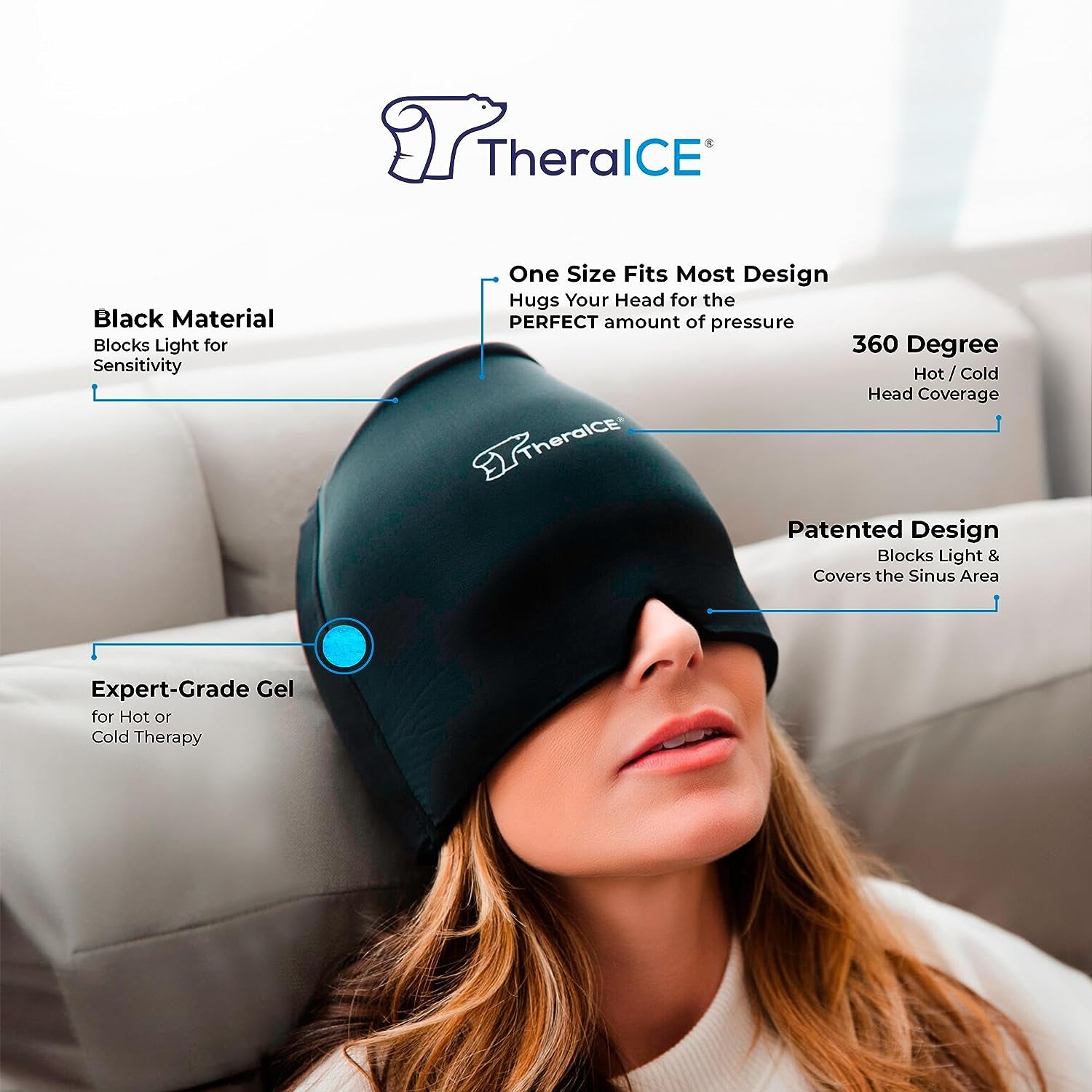 Theraice Migraine Headache Relief Cap, Hot & Cold Therapy Hat, Cool Gel Head Wrap, Headache Cap Ice Pack Mask, Cold Compress Migraine Relief Products Device for Tension & Stress