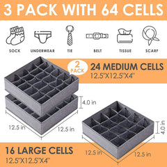 3 Pack Sock Underwear Organizer Dividers, 64 Cell Fabric Foldable Cabinet Closet Organizers and Storage Boxes for Storing Socks, Underwear, Ties (16+24+24 Cell, Gray)