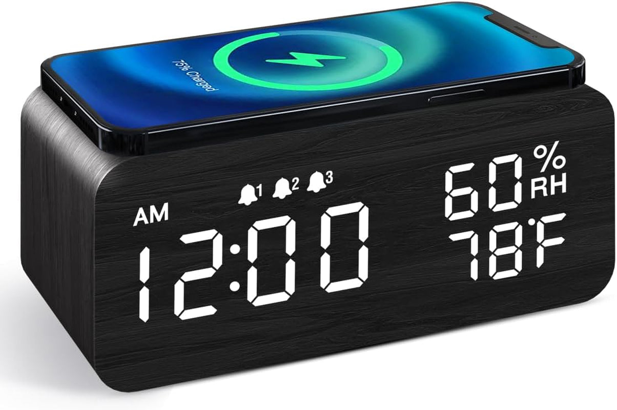 Wooden Digital Alarm Clock with Wireless Charging, Dimmable, Adjustable Volume, 3 Alarms, Weekday/Weekend Mode, Snooze, Digital Clock for Bedroom, Bedside, Office (Black)