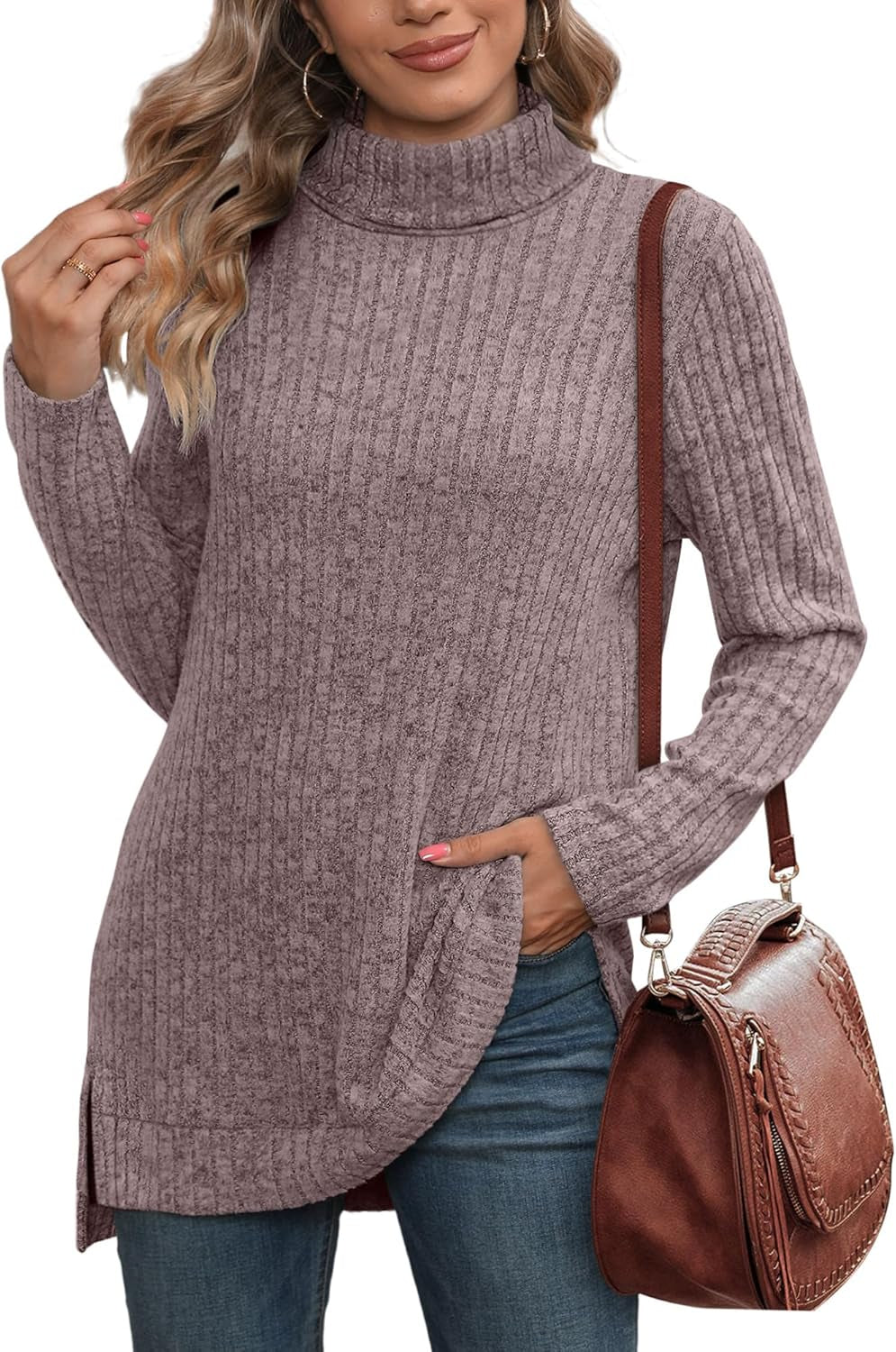 Womens Tunic Tops Turtleneck Long Sleeve Side Split High Low Lightweight Sweaters