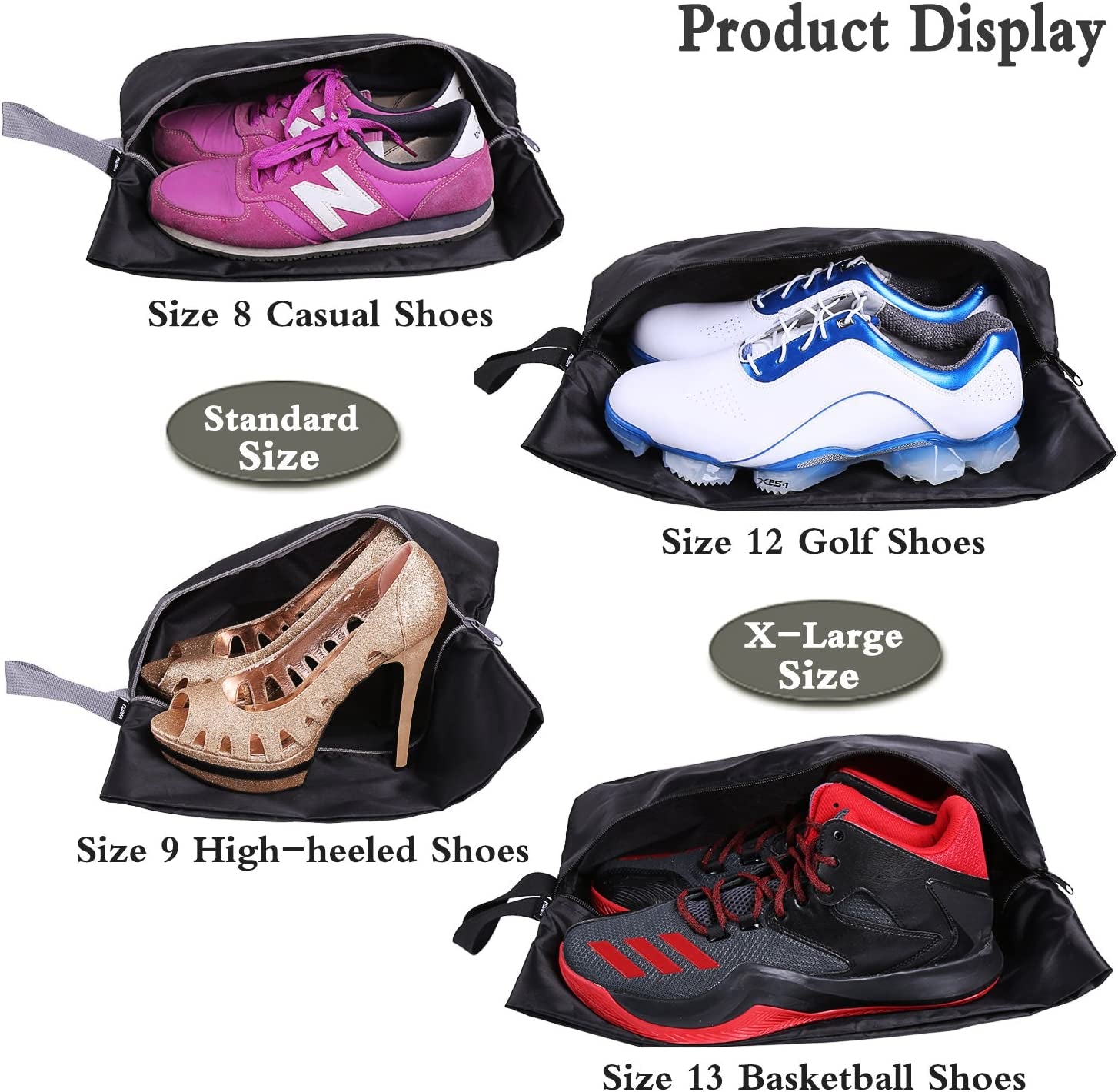 Travel Shoe Bags Set of 4 Waterproof Nylon with Zipper for Men & Women, Black