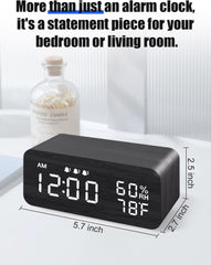 Wooden Digital Alarm Clock with Wireless Charging, Dimmable, Adjustable Volume, 3 Alarms, Weekday/Weekend Mode, Snooze, Digital Clock for Bedroom, Bedside, Office (Black)