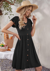 Women Summer Dresses Ruffle Sleeve Casual Loose Swing Button down Elastic Waist Midi Dress