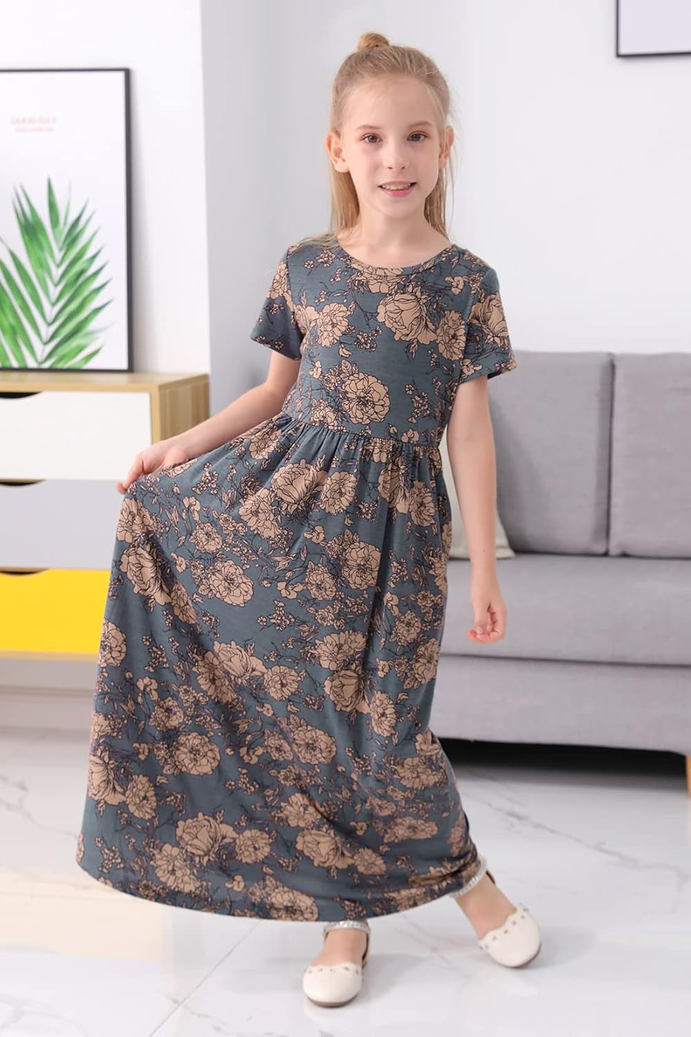 Girl'S Short Sleeve Floral Print Loose Casual Holiday Long Maxi Dress with Pockets 4-12 Years