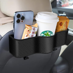 Universal Headrest Car Seat Back Organizers and Storage, Single Hanging Organizer with Cup Holder, for Car Mask Holder/ Phone Holder/ Drink Table/ Purse Wallet Holder (Carbon Fiber)