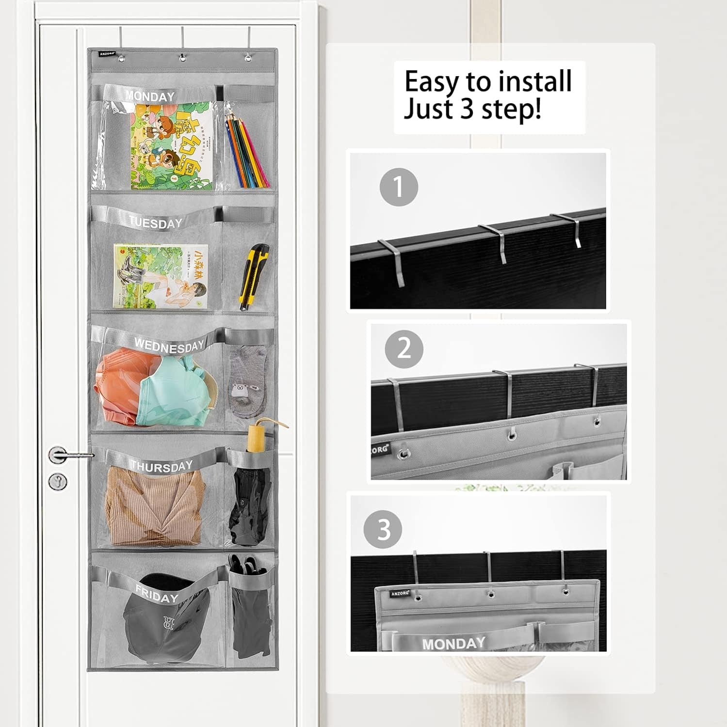 Weekly Kids Clothes Organizer Day of Week School Clothing Storage Monday to Friday Hanging Closet Organizer (Grey)