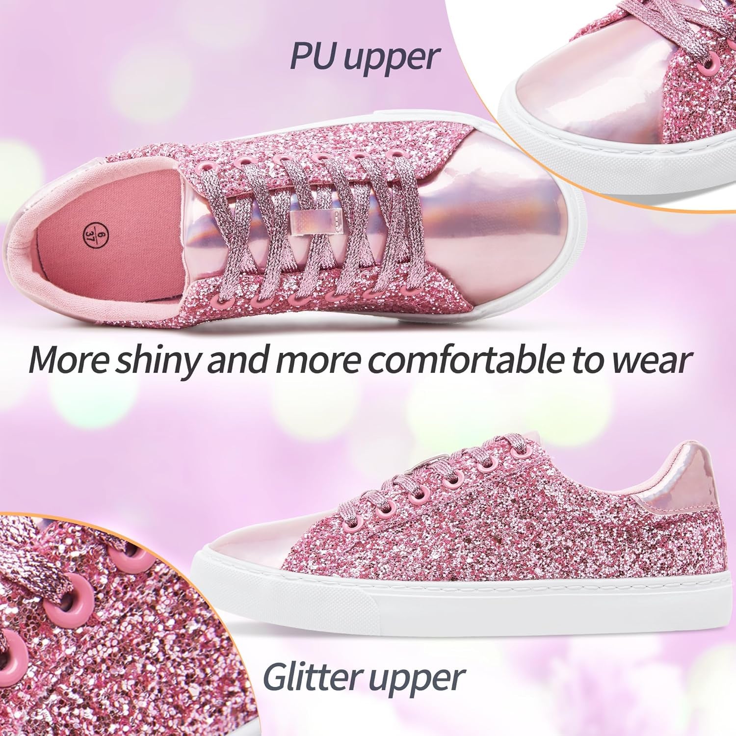 AISFAES Women Glitter Sneakers Sparkly Low Top Sequins Sneakers Lace up Tennis Shoes Comfort Bling Shoes Fashion Shiny Walking Shoes