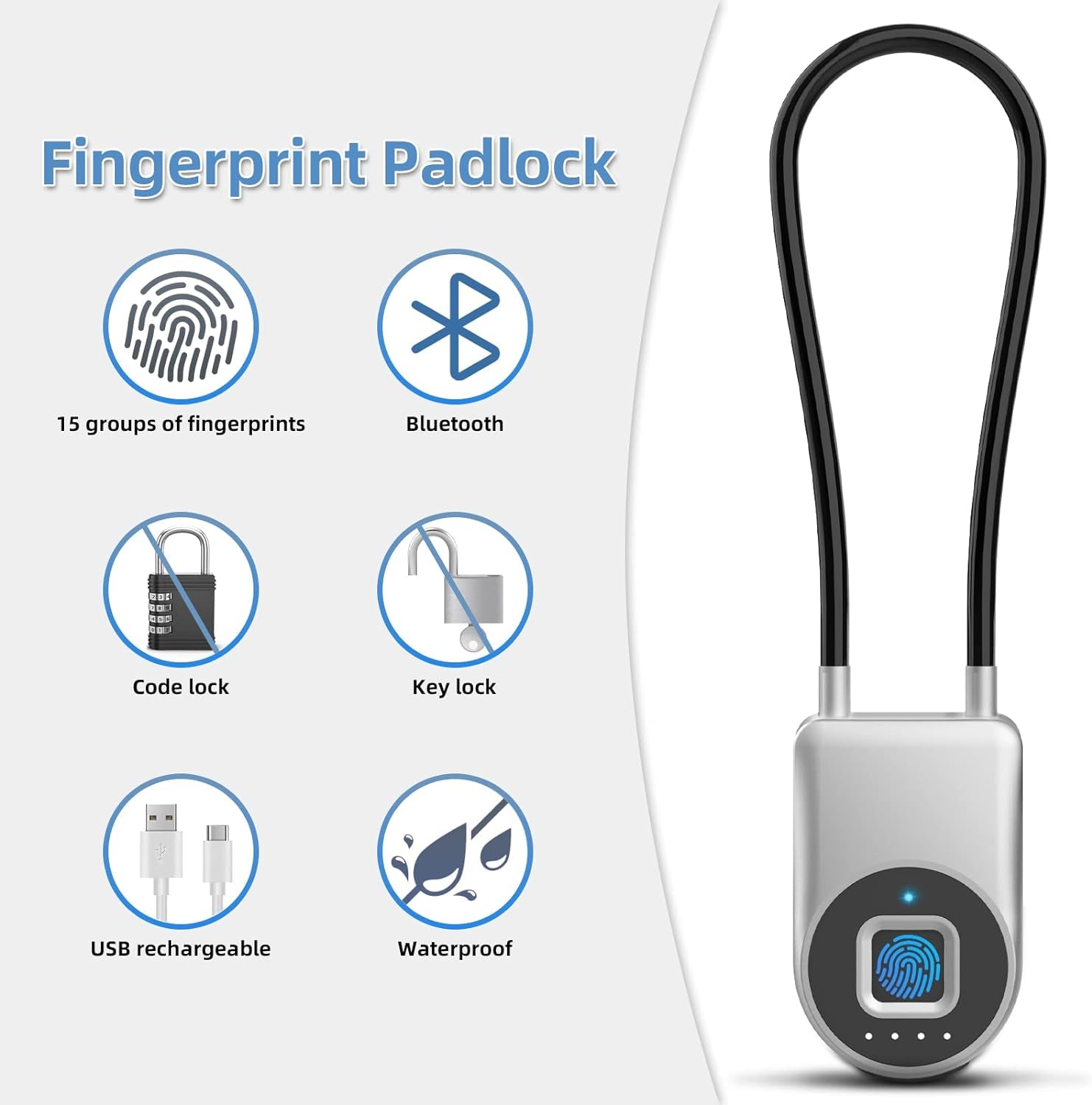 Smart Padlock,  Cord Padlock, Fingerprint Cable Lock, Bluetooth Padlock, Luggage Lock, 25MM Waterproof Padlock for Gym, Helmet, Luggage, Suitcase, Backpack, Bike, Office, Door