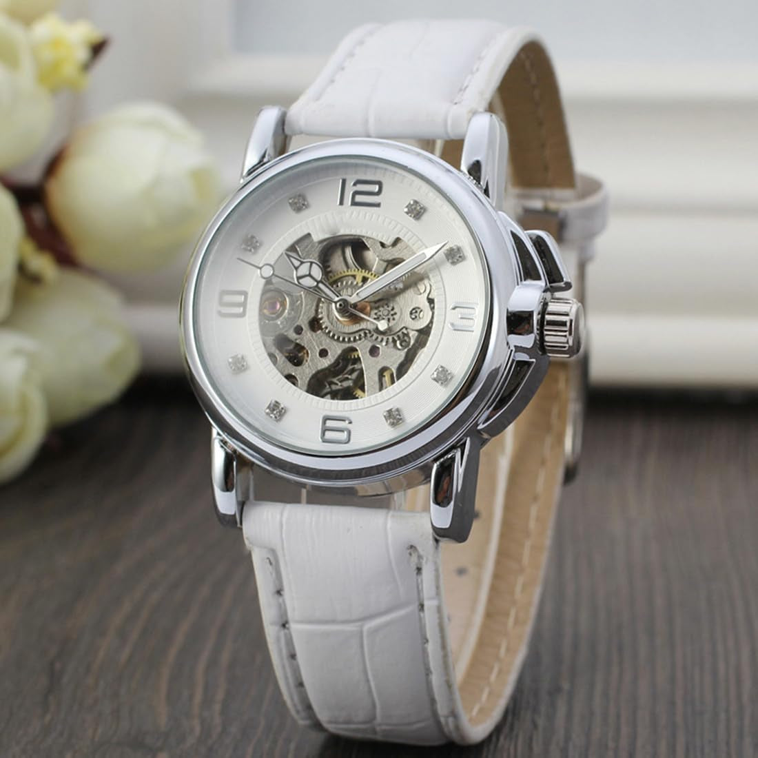 Luxury Women Automatic Watch Ladies White Leather Waterproof Automatic Mechanical Skeleton Watch