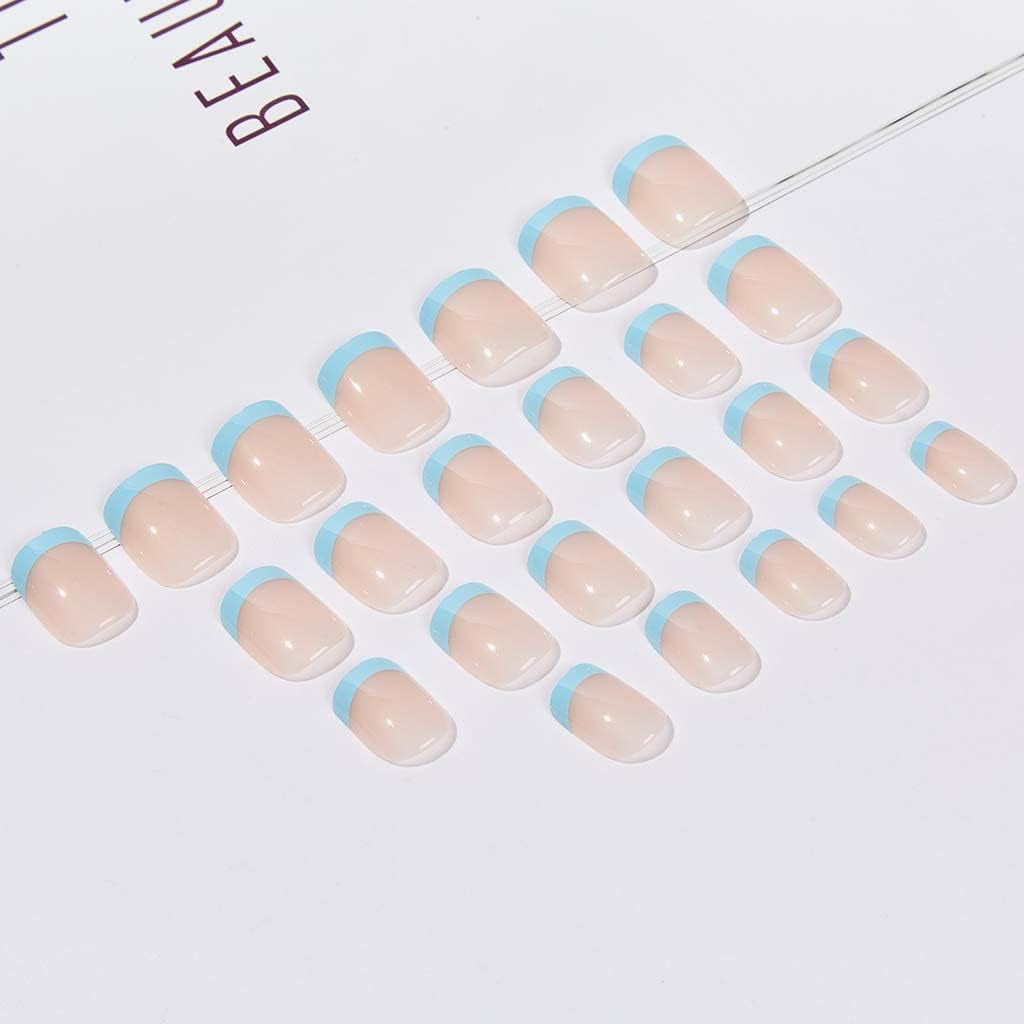 Press on Nails French Tip Nails Oval Nail Tips Glossy Fake Nails False Nails with Design Full Cover Acrylic Nails (Blue)