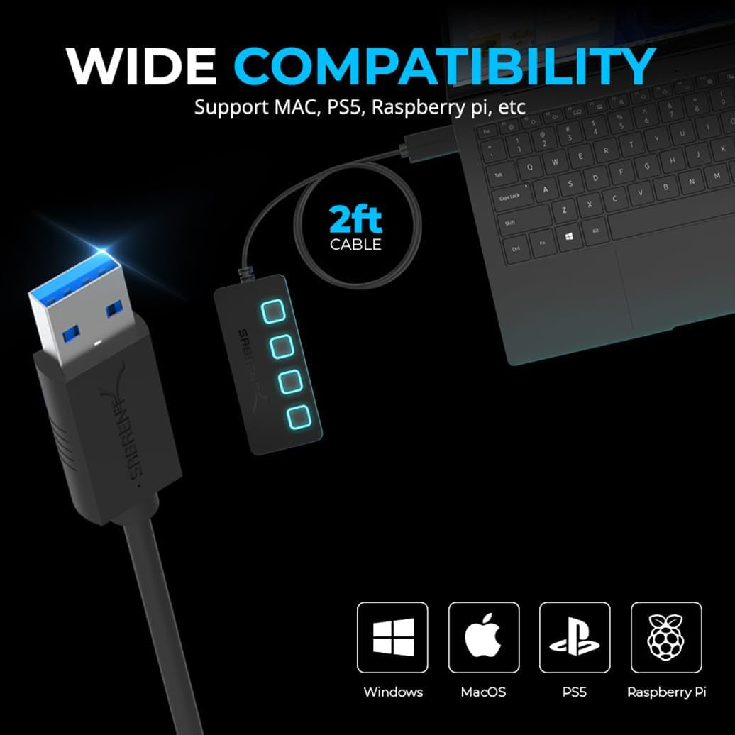 4-Port USB 3.0 Hub - Slim Design, Individual LED Switches, Fast Data Transfer, 2 Ft Cable, Compatible with Mac & PC (HB-UM43)