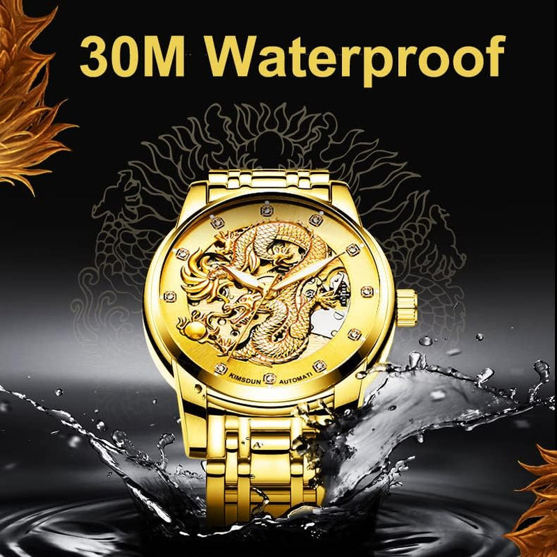 Men Boy Luxury Gold Dragon Carved Dial Diamond Automatic Skeleton Mechanical Watch Casual Waterproof Sport Wristwatch