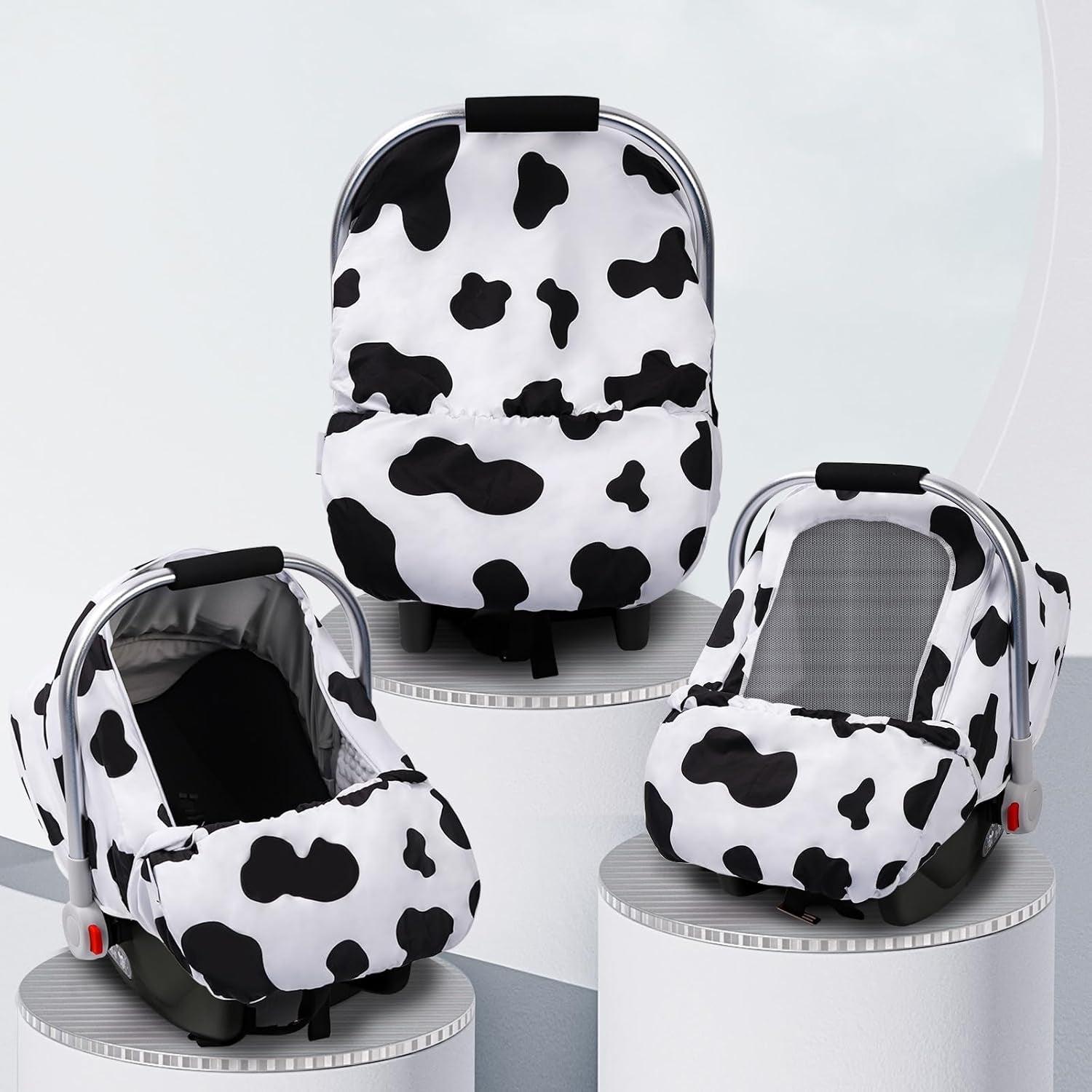 Car Seat Covers for Babies, Minky Dot Baby Car Seat Cover, Universal Infant Carseat Canopy with Breathable Mesh Peep Window & Storage Pocket, Cow Print Stroller Cover for Newborn