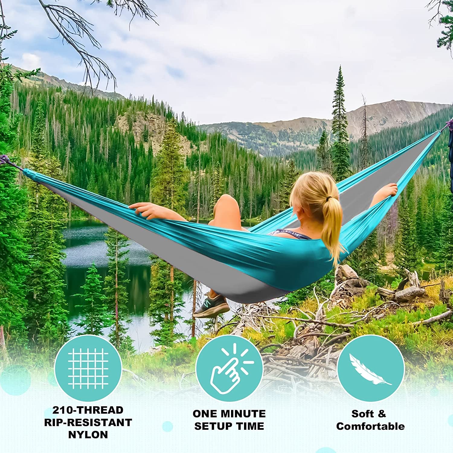 Camping Hammock Double & Single Portable Hammocks with 2 Tree Straps and Attached Carry Bag,Great for Outdoor,Indoor,Beach,Camping,Light Grey / Sky Blue