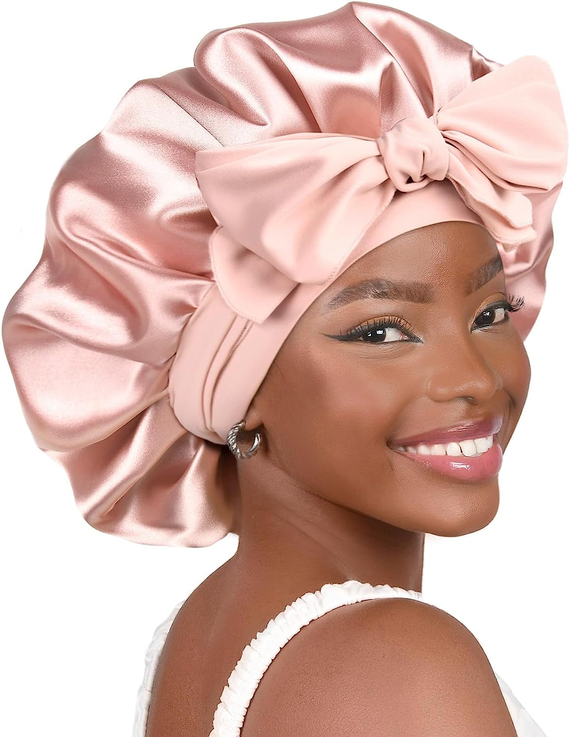 Satin Bonnet Silk Bonnet for Sleeping Hair Bonnet with Tie Band Head Wrap Bonnets for Black Women Curly Natural Hair, Blush Pink, Large