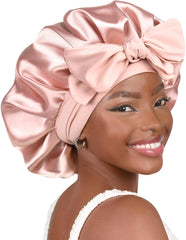 Satin Bonnet Silk Bonnet for Sleeping Hair Bonnet with Tie Band Head Wrap Bonnets for Black Women Curly Natural Hair, Blush Pink, Large