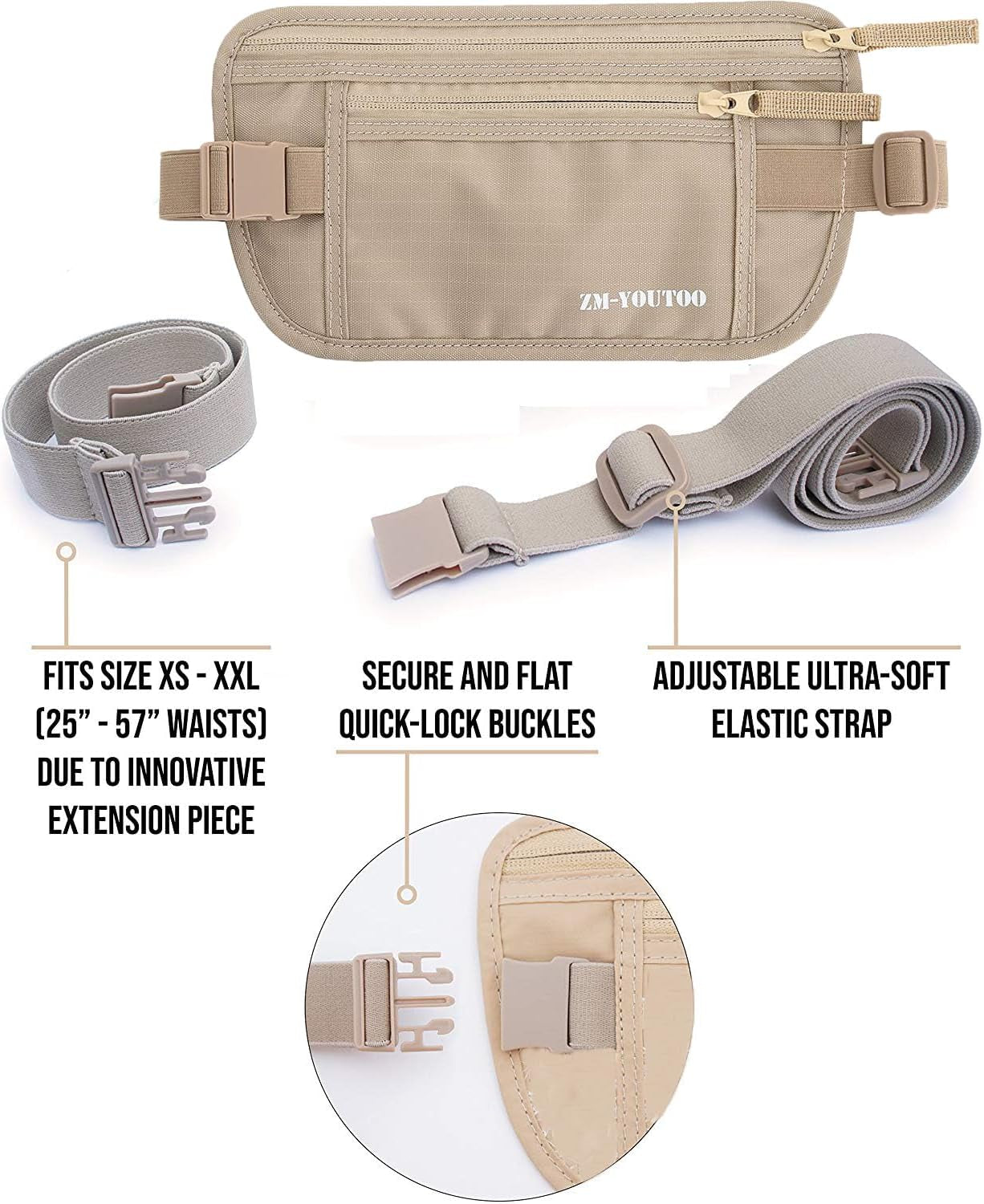 Money Belt for Travel - Hidden Travel Pouch Protect Your Credit and Money with RFID Blocking Passport Holder Waist Wallet (Khaki)